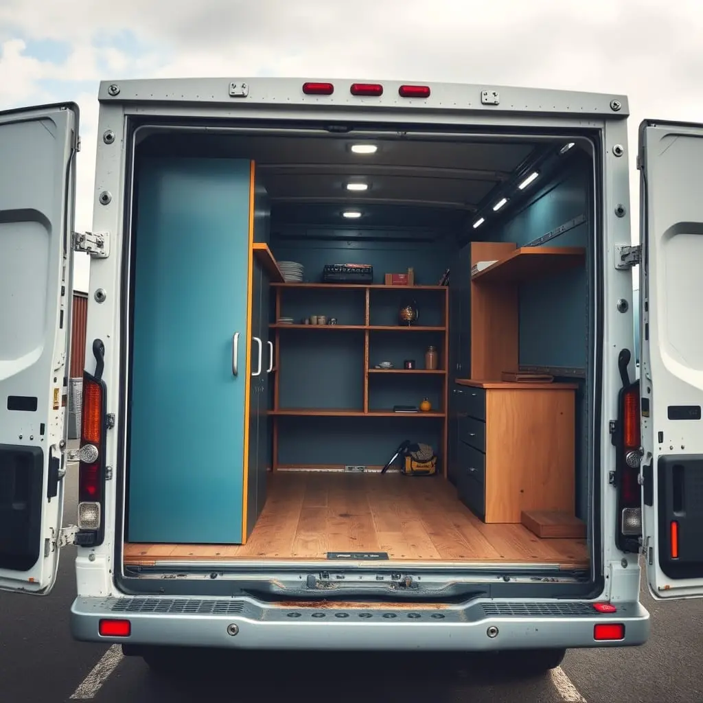 An image of the back of a van containing modern office furniture